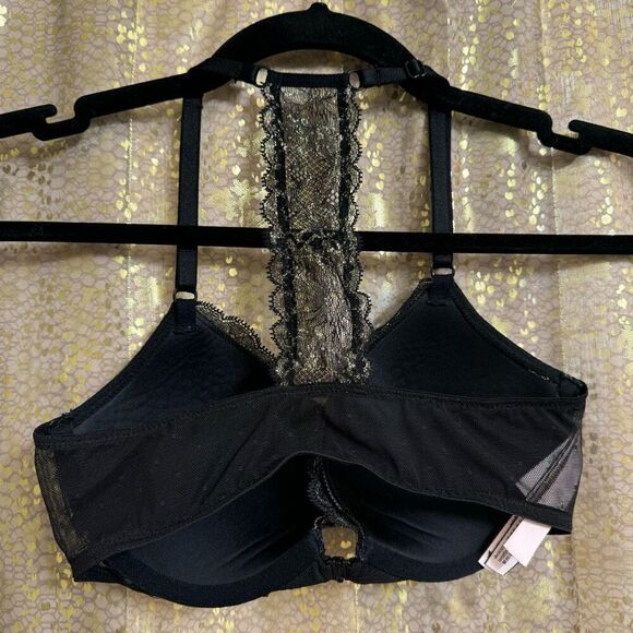 Victorias Secret Black Metallic Gold Push Up Front Clip Racerback Bra 32C - Picture 2 of 6